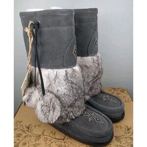 Manitobah Mukluks Boots L7 Snowy Owl Winter Moccasin Charcoal Leather Rabbit Fur